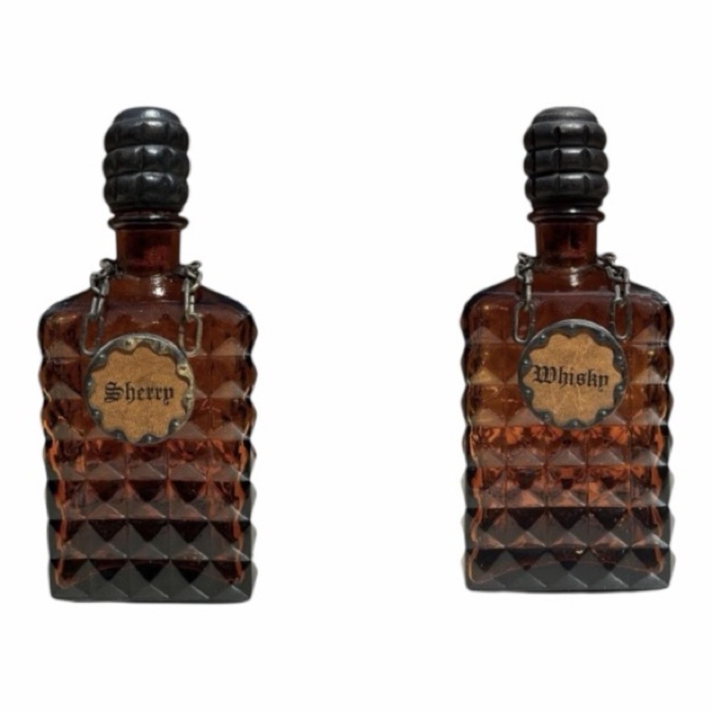 Vintage Amber Glass Decanter Set Sherry Whiskey Spain MCM Barware